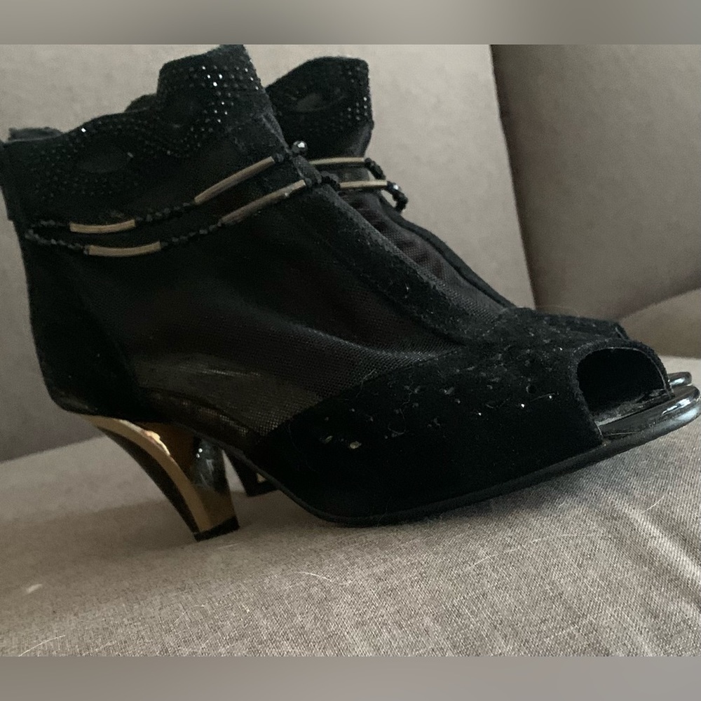 Beaded black booties. Mesh detail. 3 inch heel.